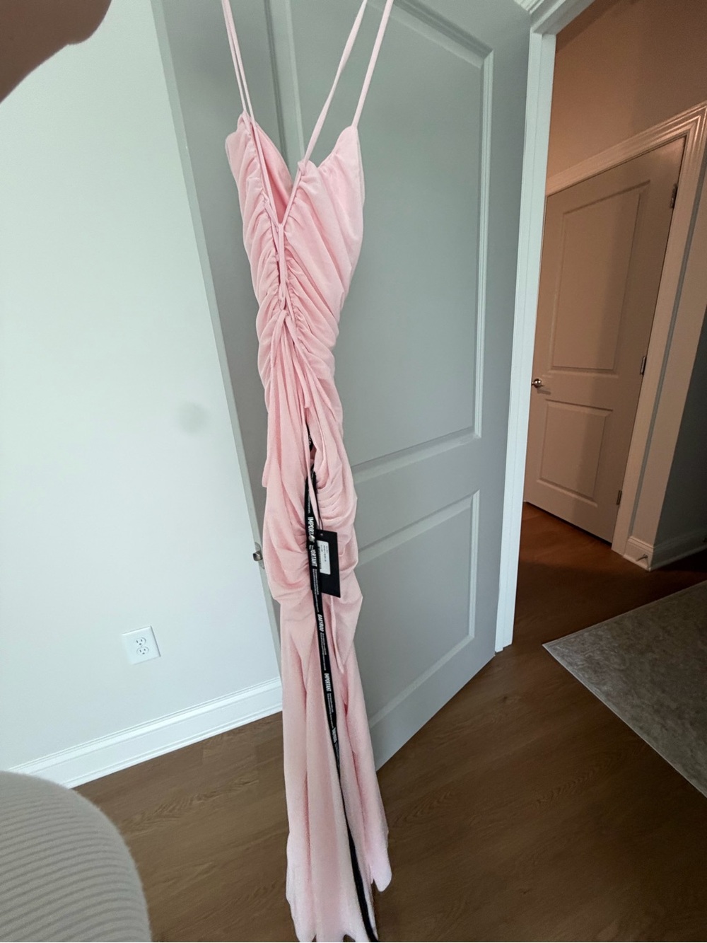 Women's Pink Ruched Maxi Dress - Sleeveless Spaghetti Strap - Picture 2 of 4